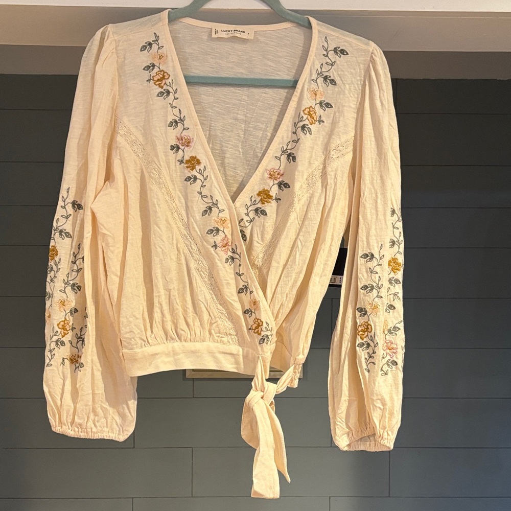 Lucky Brand Cream Wrap Blouse with Yellow & Pink Floral Embroidery